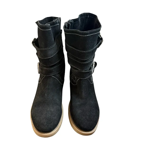Roan Lola‎ Black Suede Moto Boots Womens 7 Buckle Mid Calf Side Zip Distressed - Image 2