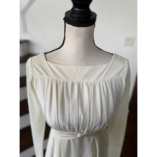 Vintage 70s Cream White Renaissance Baby Doll Empire Waist Maxi Dress - Image 2