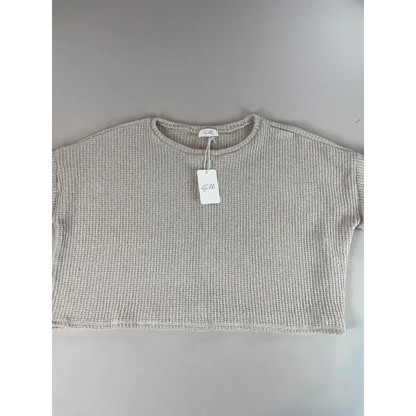 Gilli Sweater Size L Beige Open Knit Short Sleeve Cropped Boxy Round Neck NWT - Image 3