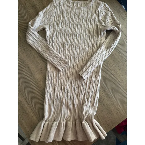 Beige Cable Knit Ruffle Hem Long Sleeve Sweater Dress - Image 3