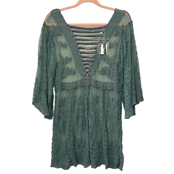 SHEIN Sheer Lace Boho Tunic Top Green One Size NWT Lace Up Babydoll‎ - Image 2