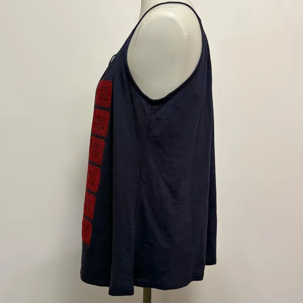 Solitaire Tank Top Large Navy Blue Red Embroidered Tassel Keyhole Boho Folk - Image 3