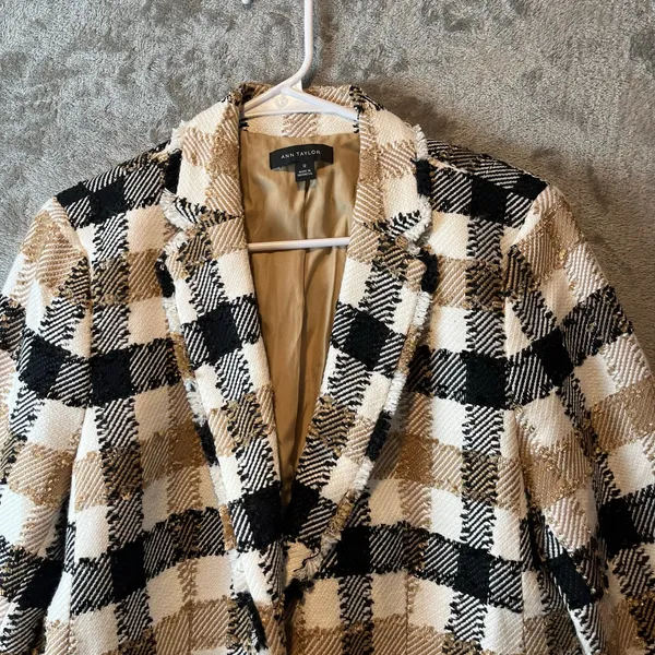 Ann Taylor NEWBURY Plaid Blazer Check One Button Fringe Sz 12 Career Preppy‎ - Image 6