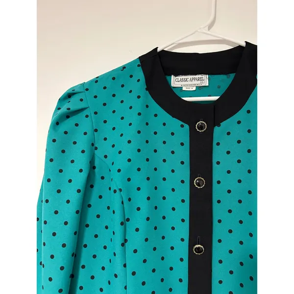 Classic Apparel Ltd 80s Vintage Teal Polka Dot Button Front Blazer Puff Shoulder - Image 2