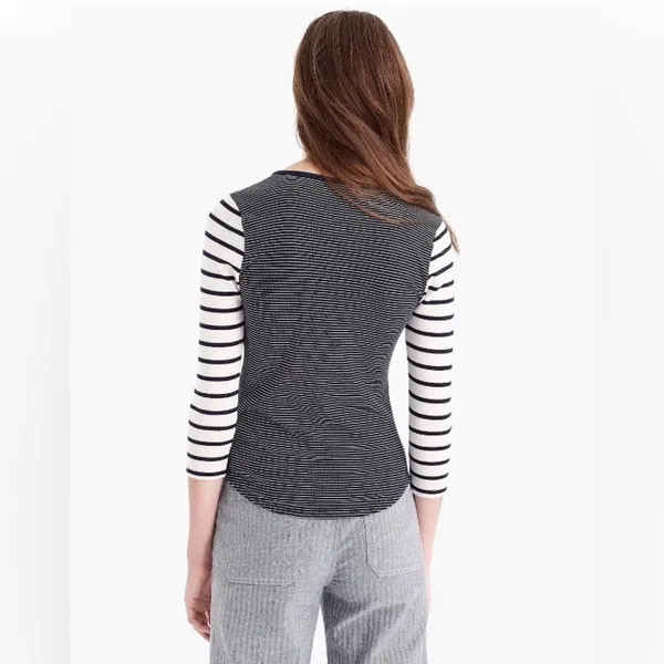 J. Crew Navy and White Striped Scoop Neck Ribbed Long Sleeve Henley - Image 4