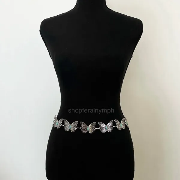 Silver Turquoise Butterfly Whimsygoth Chain Belt, Fits 23-38 Inches, X7GA1253 - Image 3