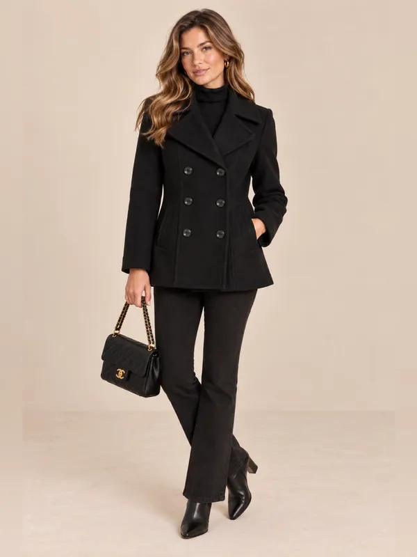 London Fog Black Double Breasted Wool Blend Longline Minimalist Pea Coat Small - Image 9