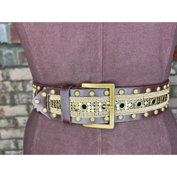 belt y2k leather studded crochet boho brown brass - Image 6