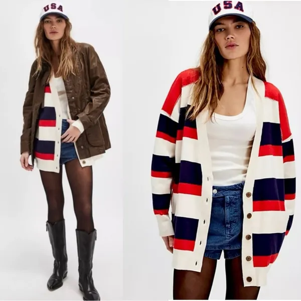 Free People League Of Her Own Cardigan Sweater Americana Stripes Preppy Large - Image 2