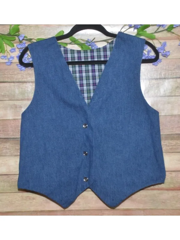 VTG Handmade Unisex S/M Blue Denim Jean Vest Plaid Reversible Country Cottage - Image 8