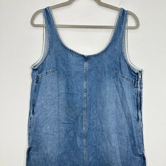 Madewell Denim Pinafore Dress Blue‎ Wash Sleeveless Side Zip Pockets Size L - Image 4