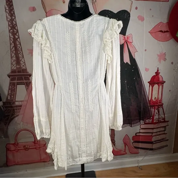 Free People White Embroidered Boho Mini Dress with Long Sleeves - Image 13