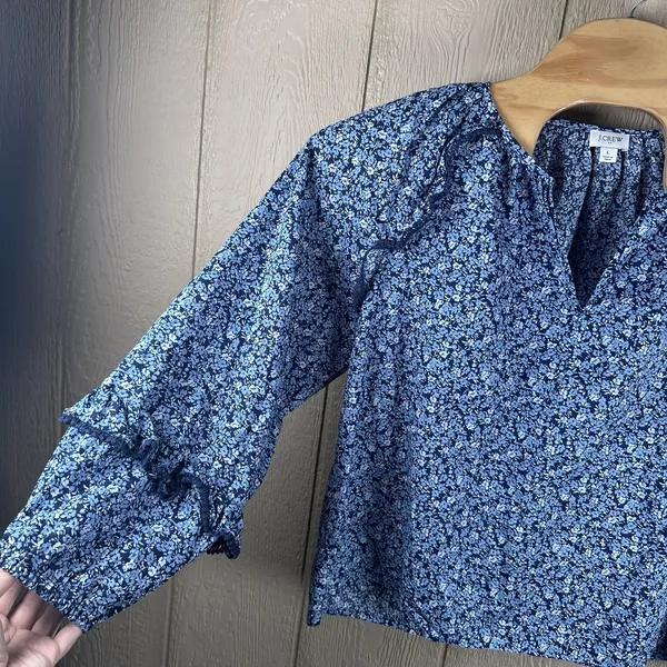J.Crew Factory Peasant Top Womens Large Blue Floral Ruffle Trim Cotton Blouse - Image 3