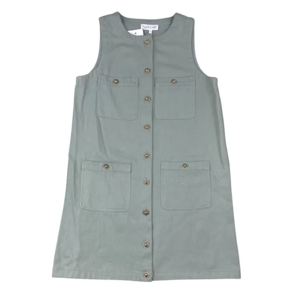 Entro Sage‎ Green Utility Shift Dress Gold Buttons Pockets Small NWT - Image 2