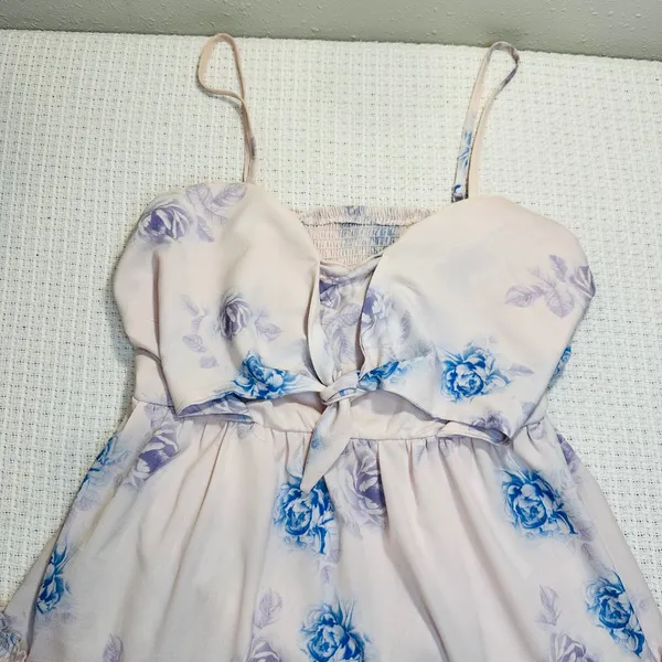 Floral Tie Front Tiered Ruffle Mini Dress Pink/Blue Rose Smocked Back Summer - L - Image 7