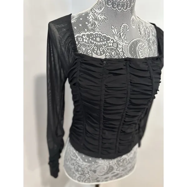 Jolie and Joy Women Sz:L Cropped Ruched Black Bodice Stretch Sheer Mesh Sleeves - Image 8