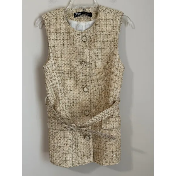 Zara Tweed Vest Women Medium Gold Metallic Belted Longline Sleeveless Jacket NEW - Image 4