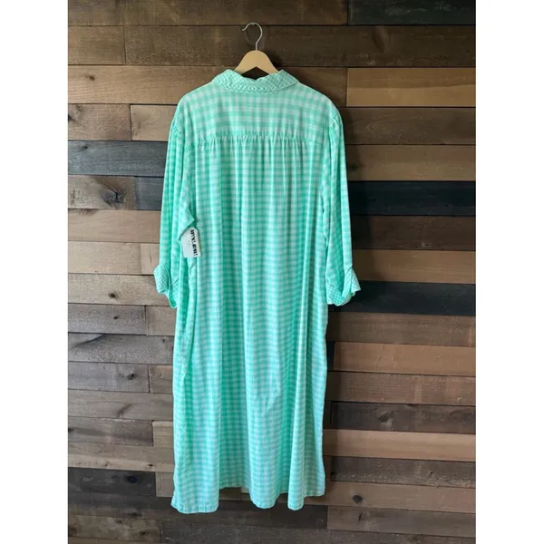 Vintage Mint Green Gingham Nightgown Button Front Midi Sleep Dress - Image 9