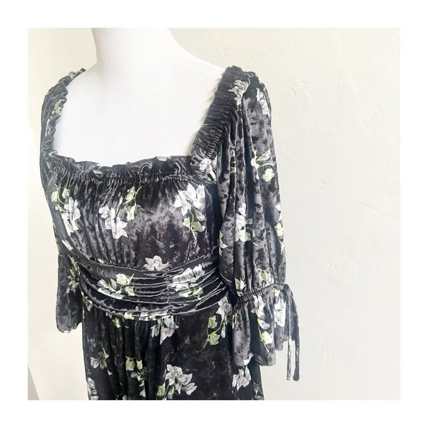 Hutch Velvet Floral Mini Dress Smocked Black Size Large Romantic Milkmaid - Image 5
