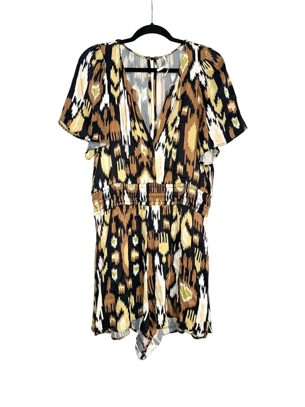 Anthropologie Somerset Ikat Brown & Black Patterned Short Sleeve Romper LARGE - Image 2