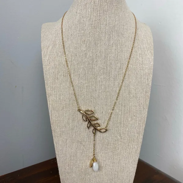 Bansri Gold Leaf Lariat Necklace White Teardrop Stone Charm Dainty Boho - Image 2