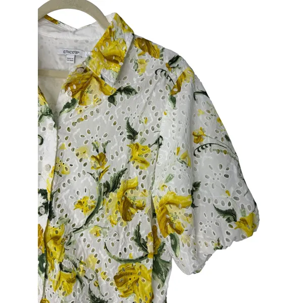 Chico’s Floral Eyelet Button-Front Puff Sleeve Blouse White Yellow Size 1 (US 8) - Image 5