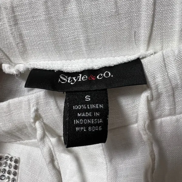 Style & Co White 100% Linen‎ Wide Leg Rhinestone Pants Size S Flawed - Image 8