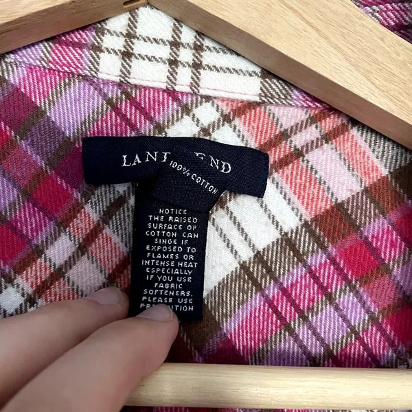 Lands'‎ End pink white checkered button down long sleeved flannel top women's M - Image 4