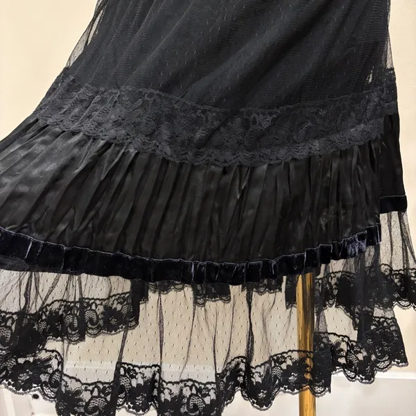 Y2K Two of Us Black Strapless Lace Velvet Tiered Midi Dress Fairy Whimsigoth L - Image 8