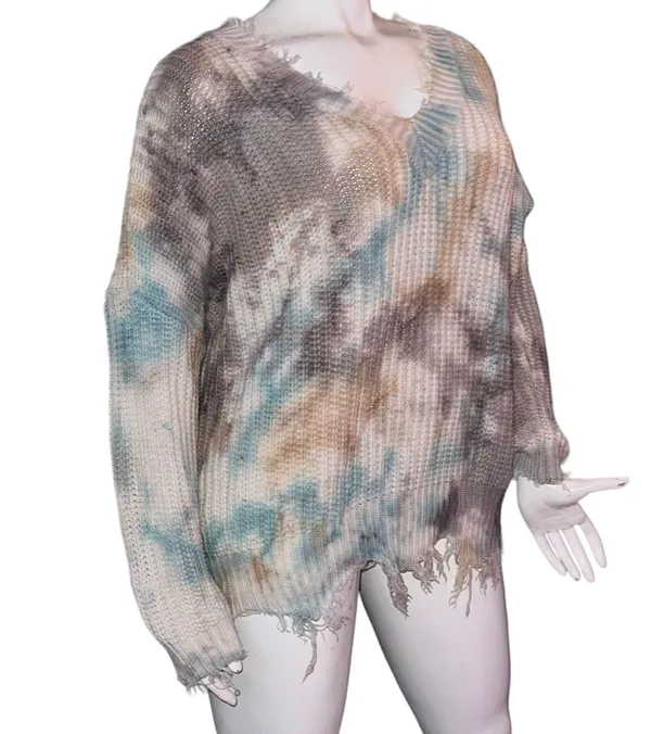 Main Strip Tie Dye Distressed V Neck Sweater - Image 6