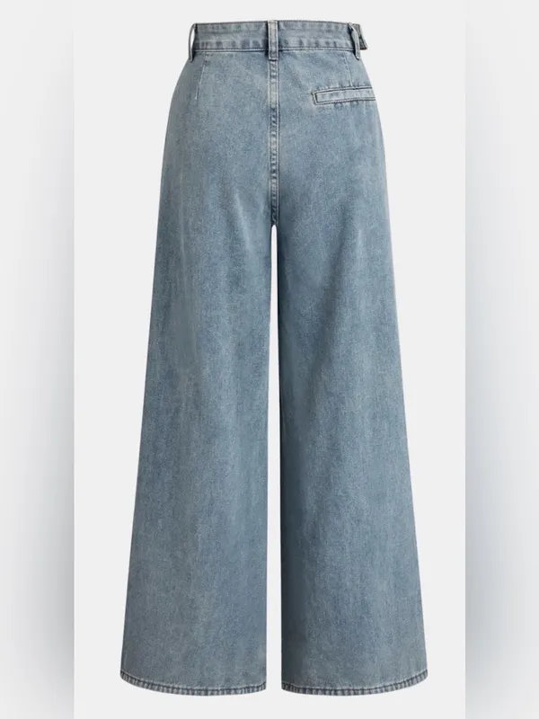 Commense Asymmetrical Ruched Denim Wide-Leg‎ Pants Jeans Sz S Tan Patch Indie - Image 2