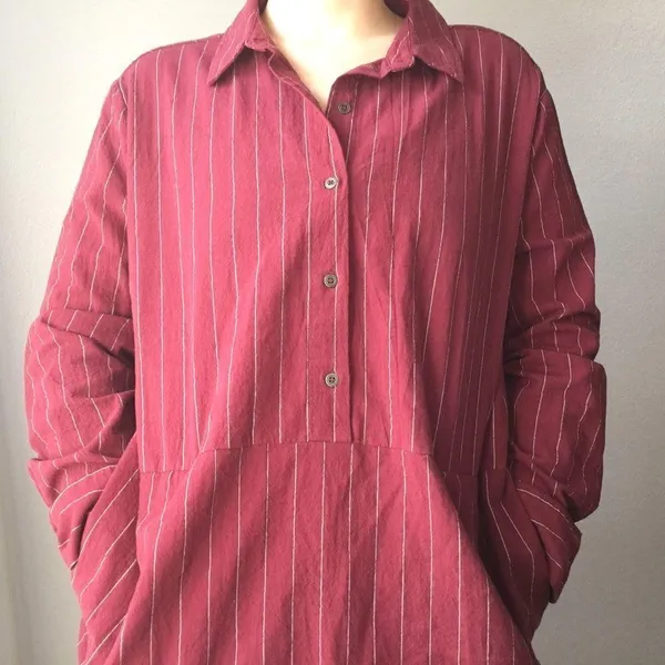 Umgee • Red Striped Long Sleeve Shirt Dress with Pockets Fringe Hem Medium - Image 6