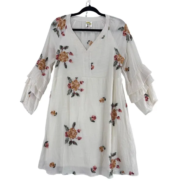 Anthropologie Fly & Flower Cream Embroidered Boho Dress sz M Ruffle Cottagecore - Image 3