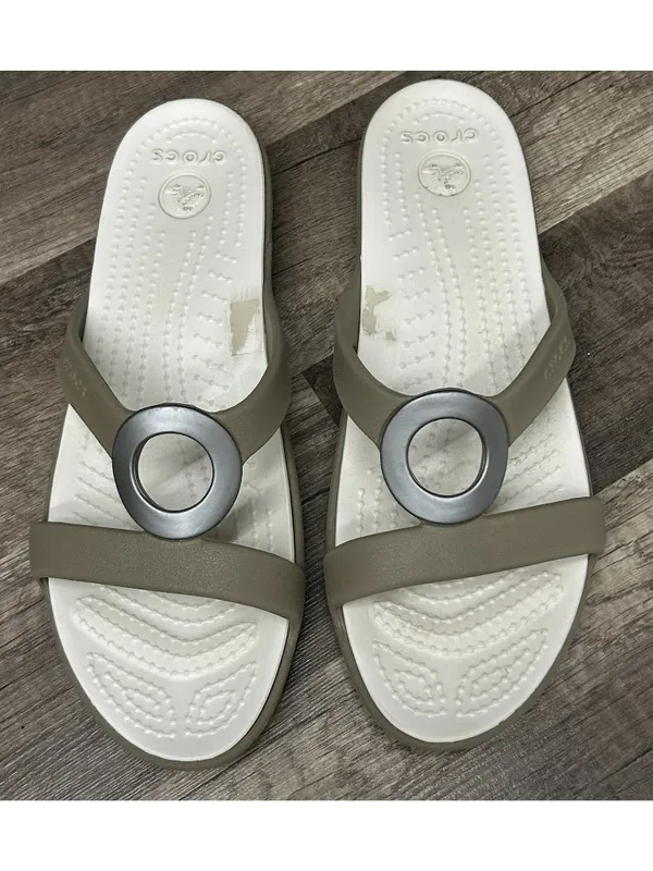 Crocs Sanrah Sandals Women Size 9 Beveled Circle Wedge Khaki Oyster Slip On Shoe - Image 3