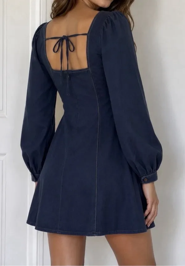 DArk Square Neck Denim Navy Mini Dress. Back Zipper & Tie Back. M - Image 3