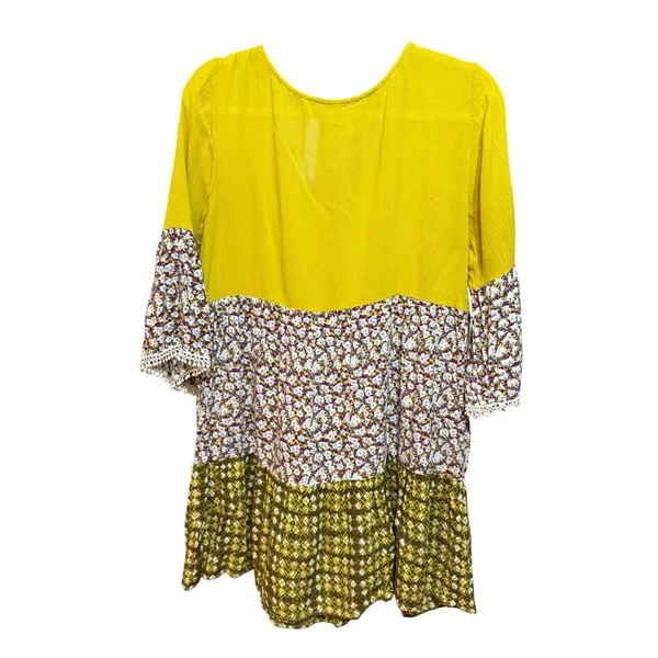 Umgee USA Mustard Yellow Floral Boho Mixed Print Tunic‎ Top Crochet Lace Medium - Image 2