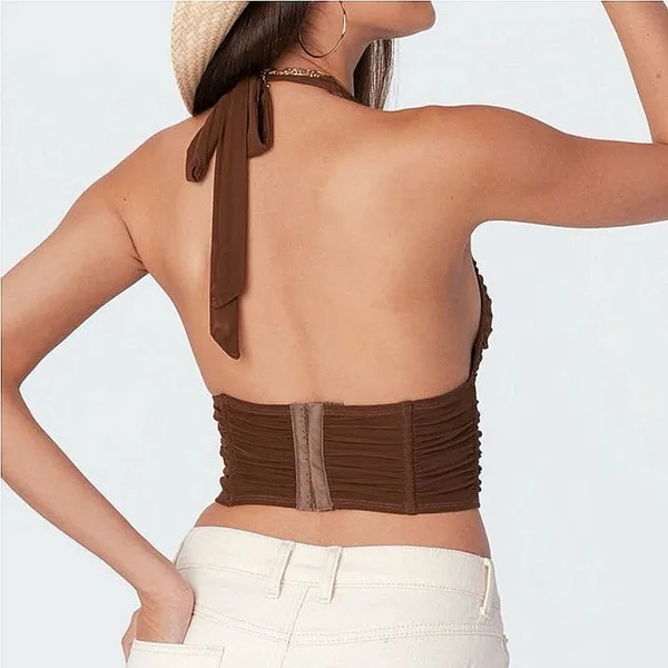 Edikted Brown y2k Sleeveless V-Neck Halter Tie Cinched Corset Crop Tank Top Sz S - Image 2