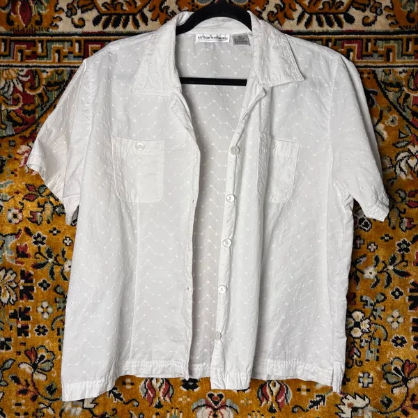 90s VTG Allyson Whitmore Raised Swiss Dot Embroidered White Shirt XL 100% Cotton - Image 6