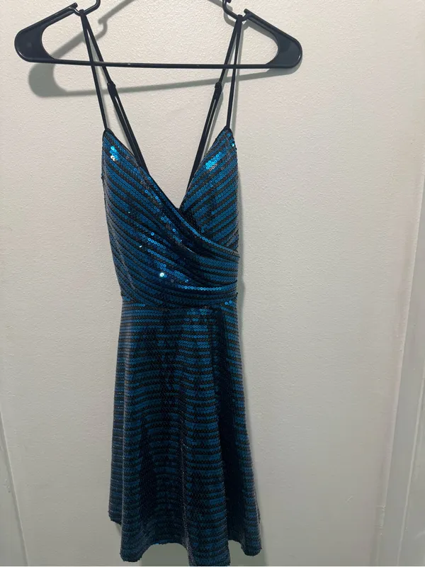 City Studio Teal Blue Sequined V-Neck Mini Dress - Image 3