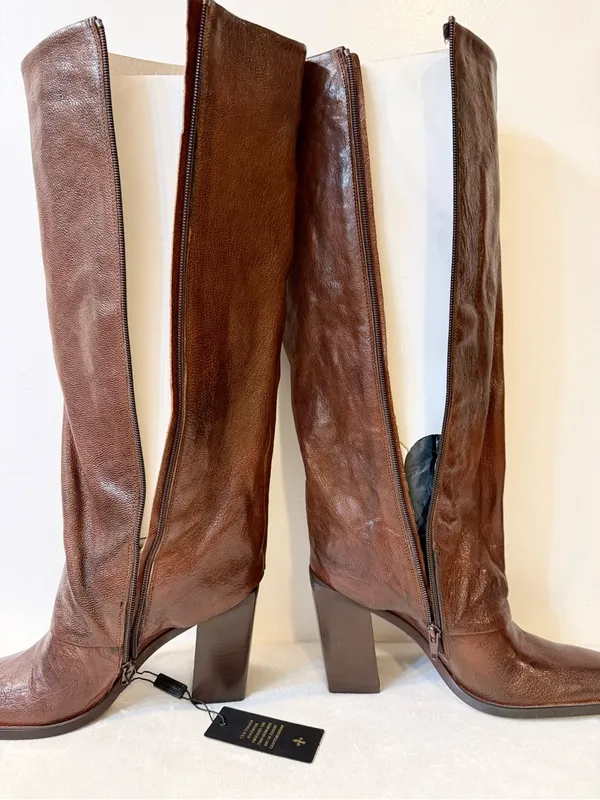 NWT Emauele Crasto Leather Fold Over High Shaft Boots in Brown Size 39 - Image 9