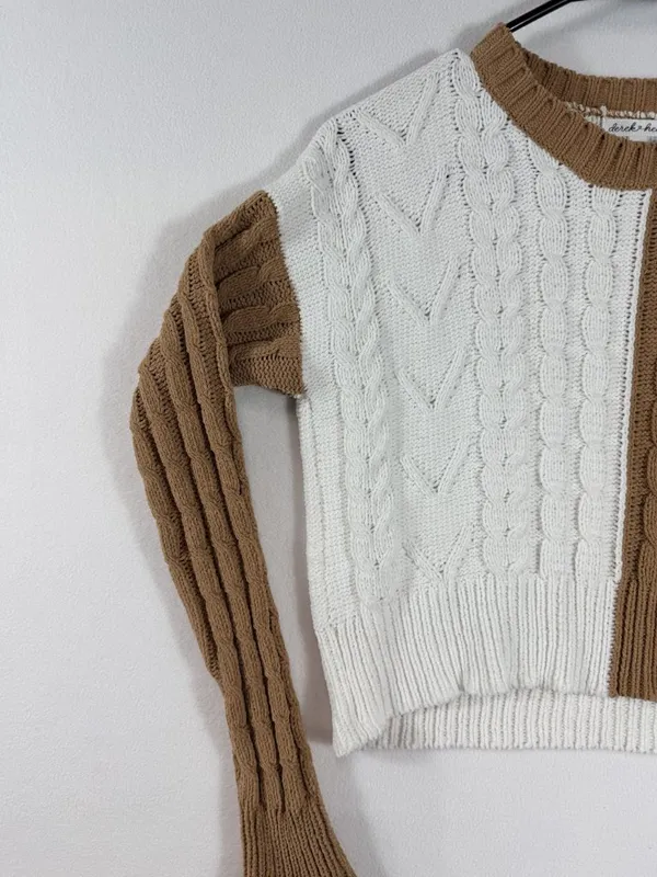 Derek Heart Women’s Small Brown Ivory Colorblock Cable Knit Cropped‎ Sweater - Image 7