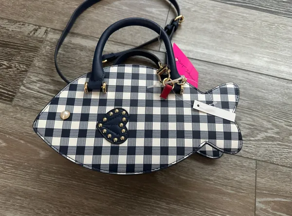NWT Betsey Johnson Adorable Plaid Fish Handbag Crossbody Navy Blue & White - Image 3
