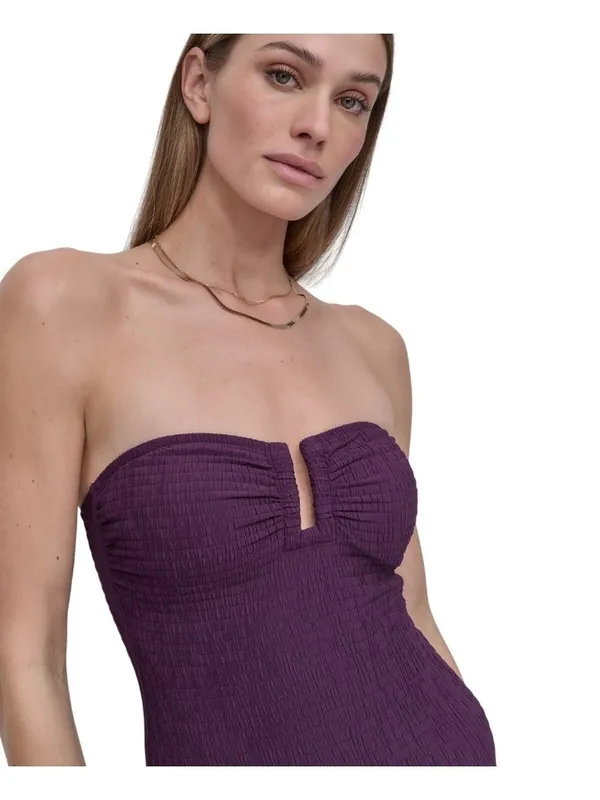 NWT DKNY Shirred One-Piece Swimsuit Textured DIMMS605 Port Texture Purple L - Image 4