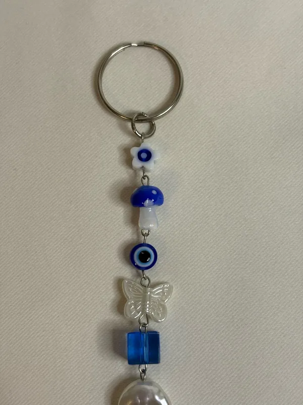 Handmade Blue/White Beaded Keychain - Image 2