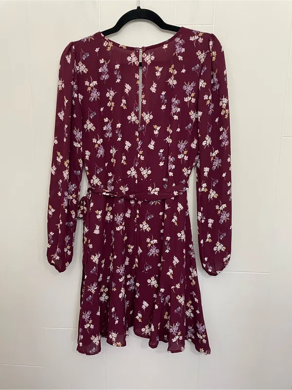 Mi Ami Long Sleeve Floral Mini Dress Size M Maroon Surplice Tie Waist Boho Chic - Image 5