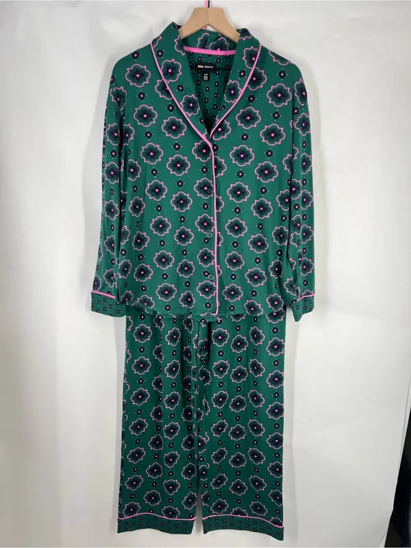Room Service Green Floral Notch Collar 2-Piece Pajama Set Size XL - Image 2