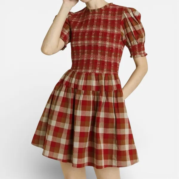 AUREUM Smocked Checkered Mini Dress Red Brown Plaid Cottagecore Prairie Size S - Image 9