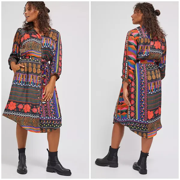 Farm Rio Anthropologie Midi Shirtdress Black Floral Patchwork - Image 2