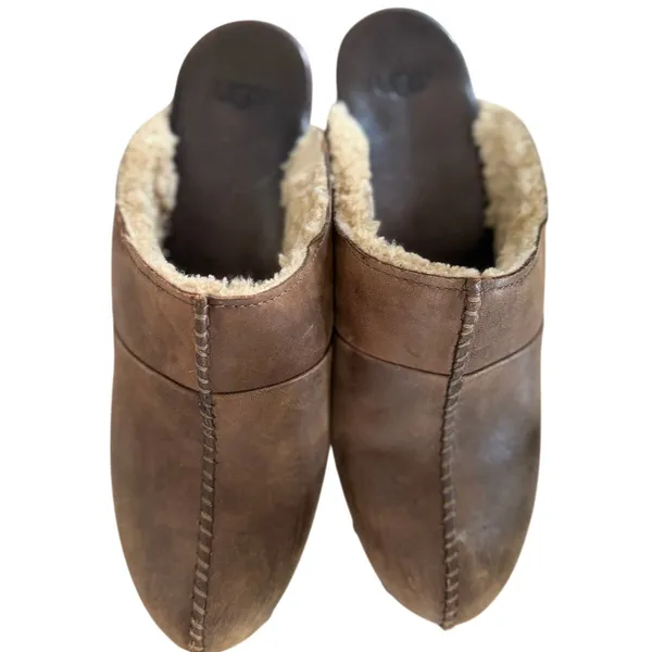 UGG Kassi Brown Leather Studded Chunky Heel Shearling Lined Slip On Clog Mule - Image 4
