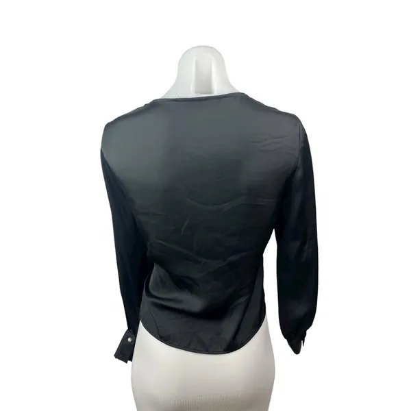 Zara Women's Black Silky Satin Sheer V Neck Long Sleeve Crop Wrap Blouse Top XS - Image 4
